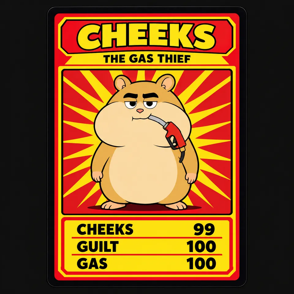 Cheeks The Gas Thief official collectible card with stats 99 cheeks, 100 guilt, 100 gas