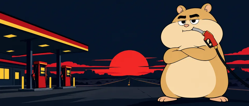 Cheeks the hamster sitting outside an empty gas station with enormous cheeks