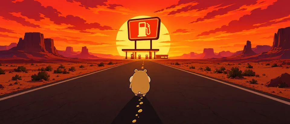 Cheeks walking down an empty highway toward the sunrise
