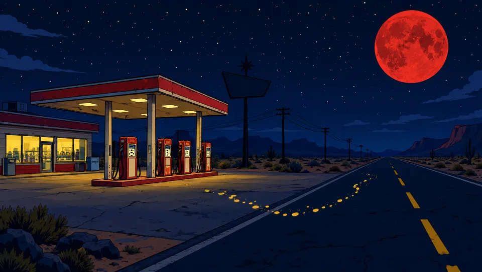 Deserted gas station at night under dim fluorescent lights